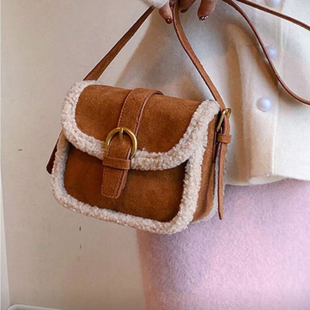 Sherpa suede bag camel brown Crossbody Bag with Shearling Trim - Picture 3 of 7